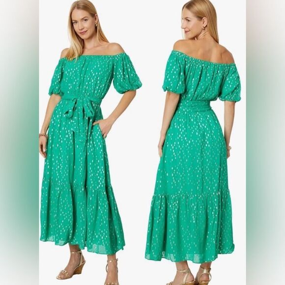Lilly Pulitzer “Tamie Off The Shoulder”, Botanical Green Dress, Sz L - Picture 1 of 7
